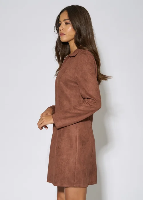 Gini London Brown Faux Suede Zip Front Mini Dress - 16 Image 4
