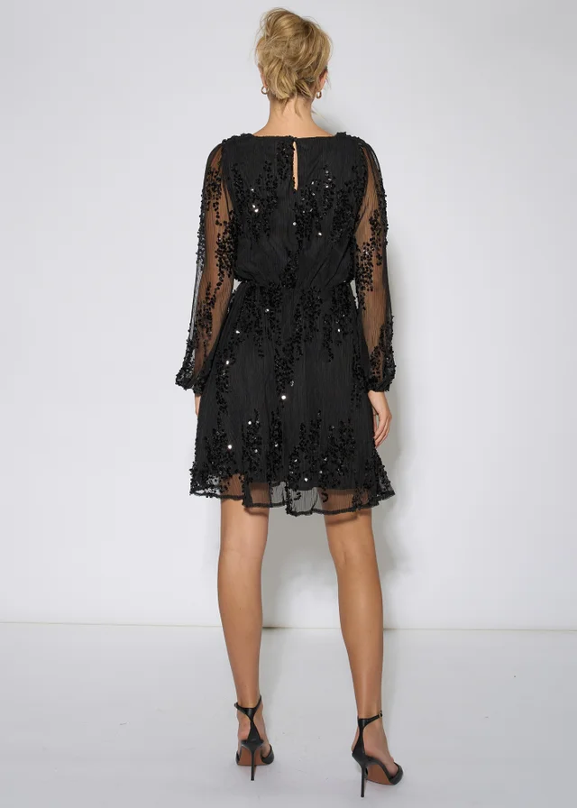 Gini London Black Sequin Floral V Neck Mini Dress