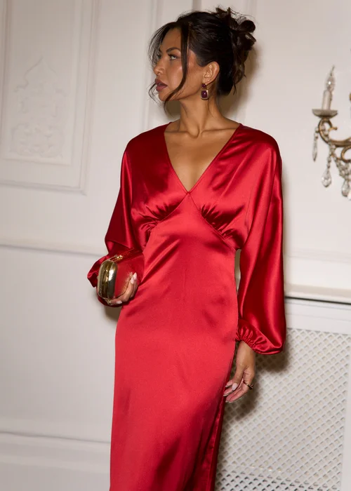 Gini London Red V Neck Batwing Blouson Sleeves Satin Midaxi Dress - 8 Image 3