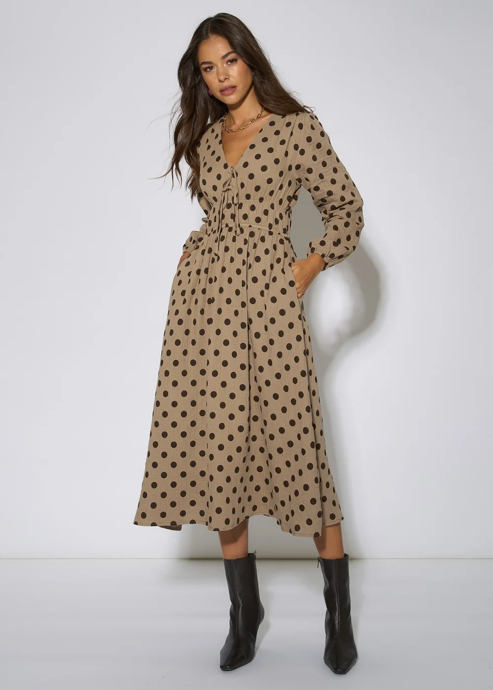 Gini London Beige Cotton Spot Skater Midi Dress - 14 Image 1