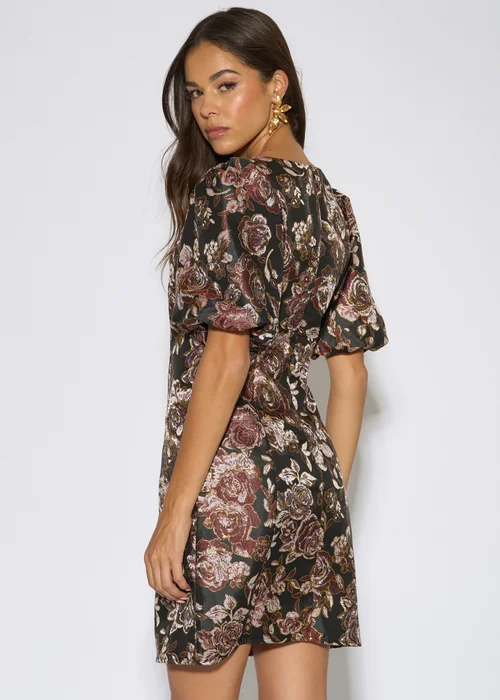 Gini London Black Floral Jacquard Puff Sleeves Mini Dress - 16 Image 3