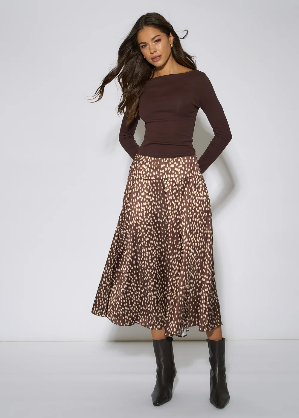 Gini London Brown Asymmetric Animal Print A Line Midi Skirt - 12 Image 1