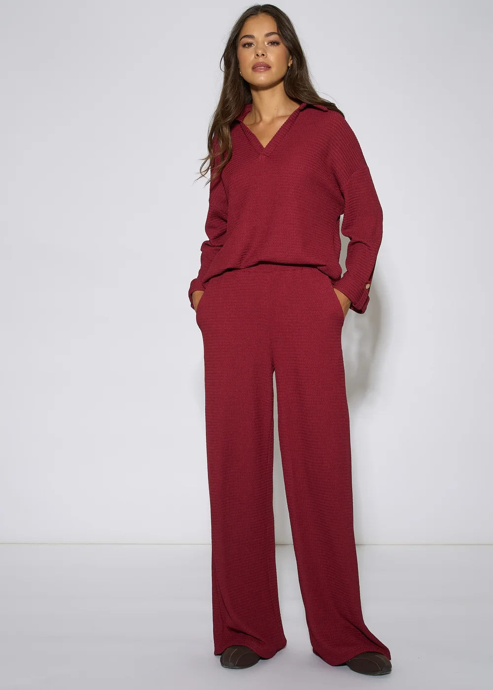 Gini London Mulberry Textured Elasticated Waist Wide Leg Trousers - 14 Image 1
