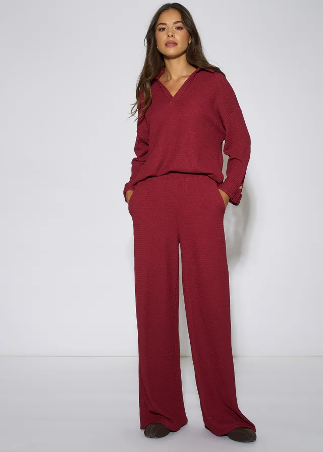 Gini London Mulberry Textured Elasticated Waist Wide Leg Trousers