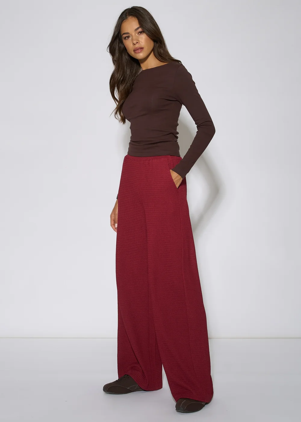 Gini London Mulberry Textured Elasticated Waist Wide Leg Trousers - 14 Image 4