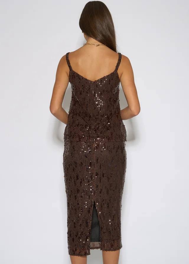 Gini London Brown Sequin V Neck Cami Top