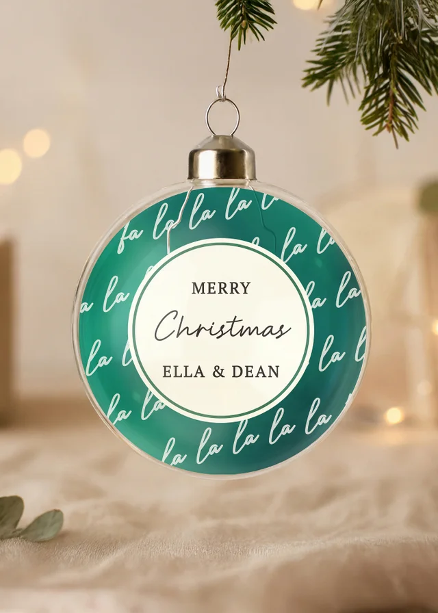 Personalised Memento Company Green Fa la la Glass Bauble