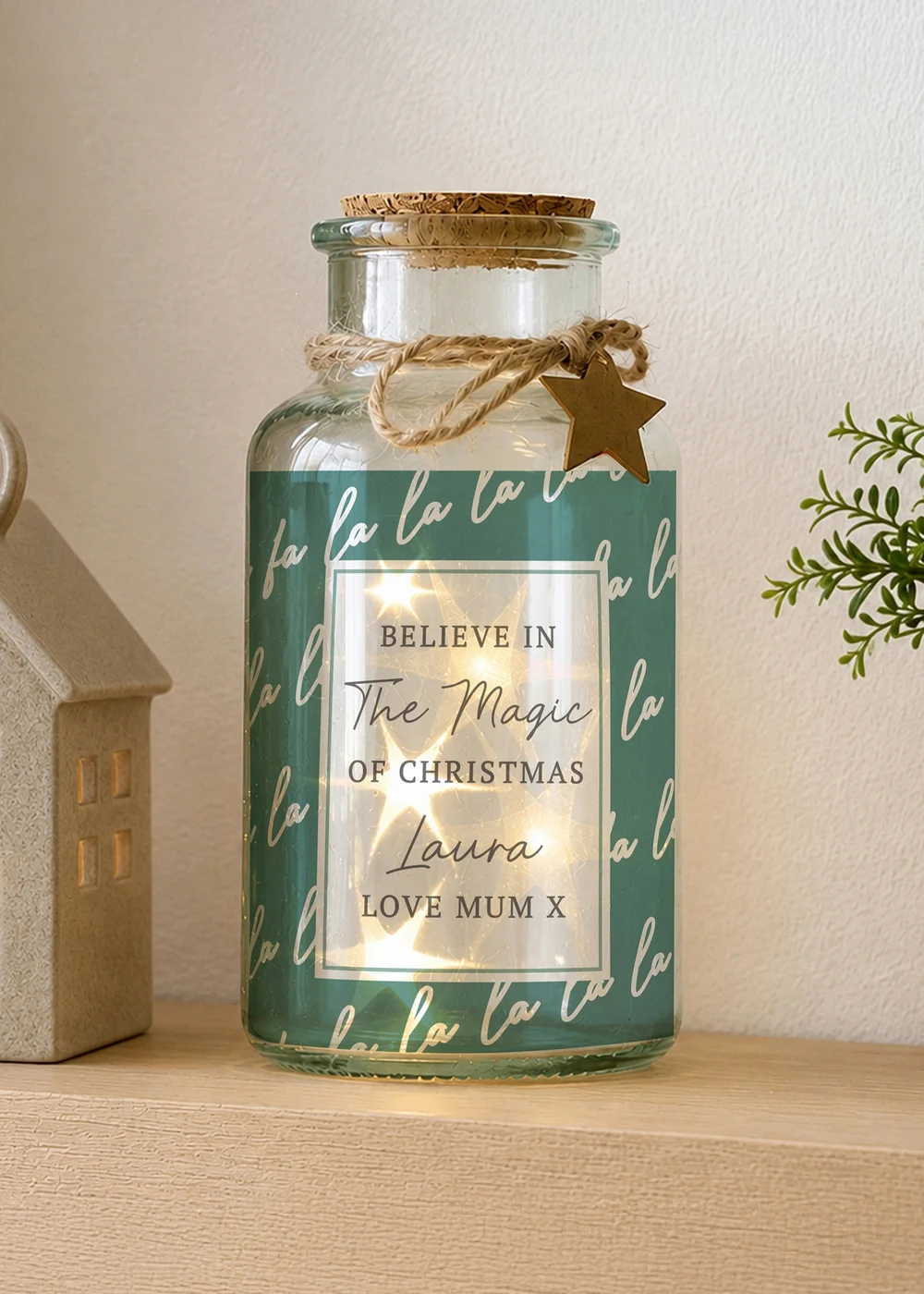 Personalised Memento Company Green Fa la la LED Glass Jar - One Size Image 1