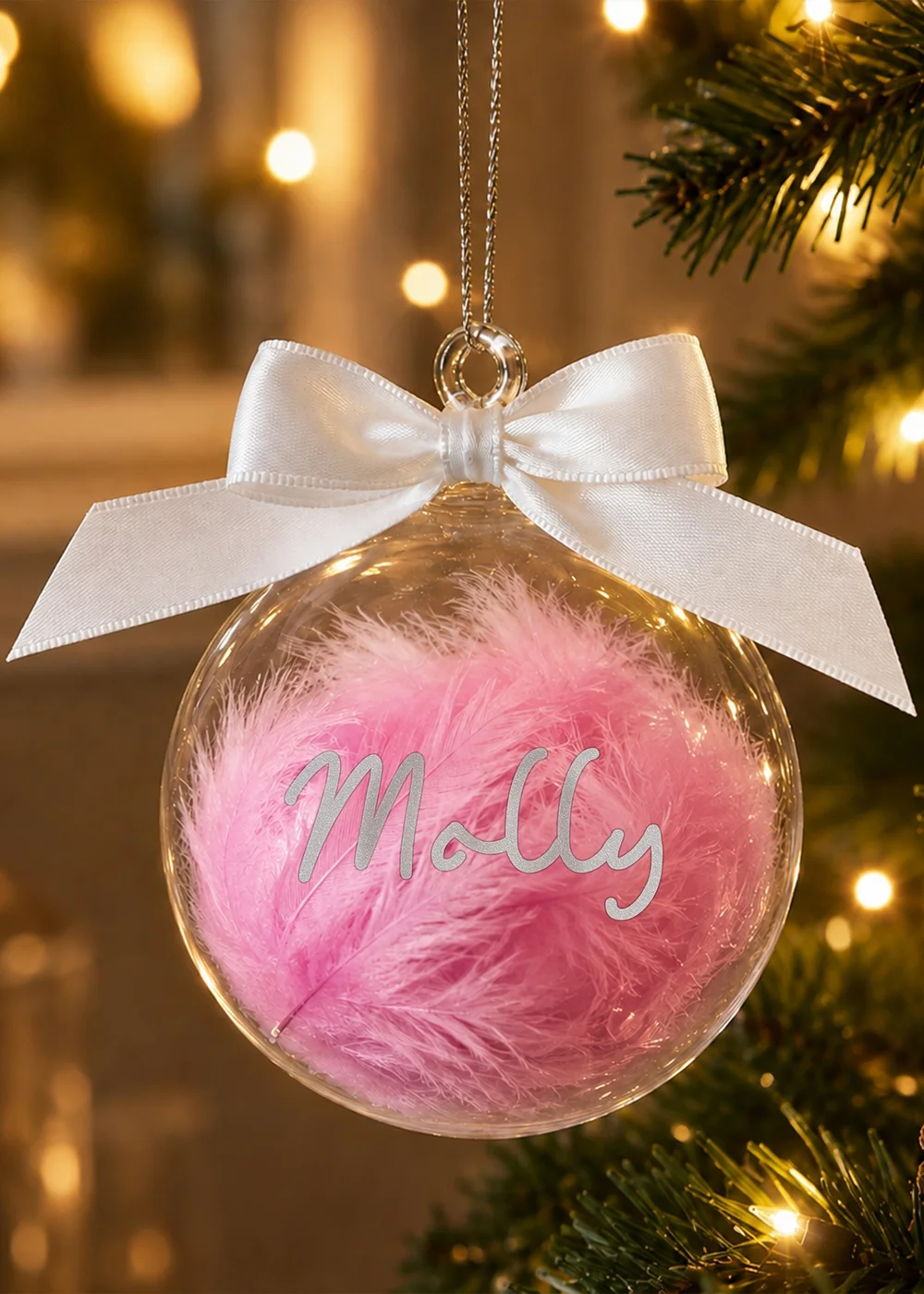 Personalised Memento Company Pink Feather Glass Bauble - One Size Image 1