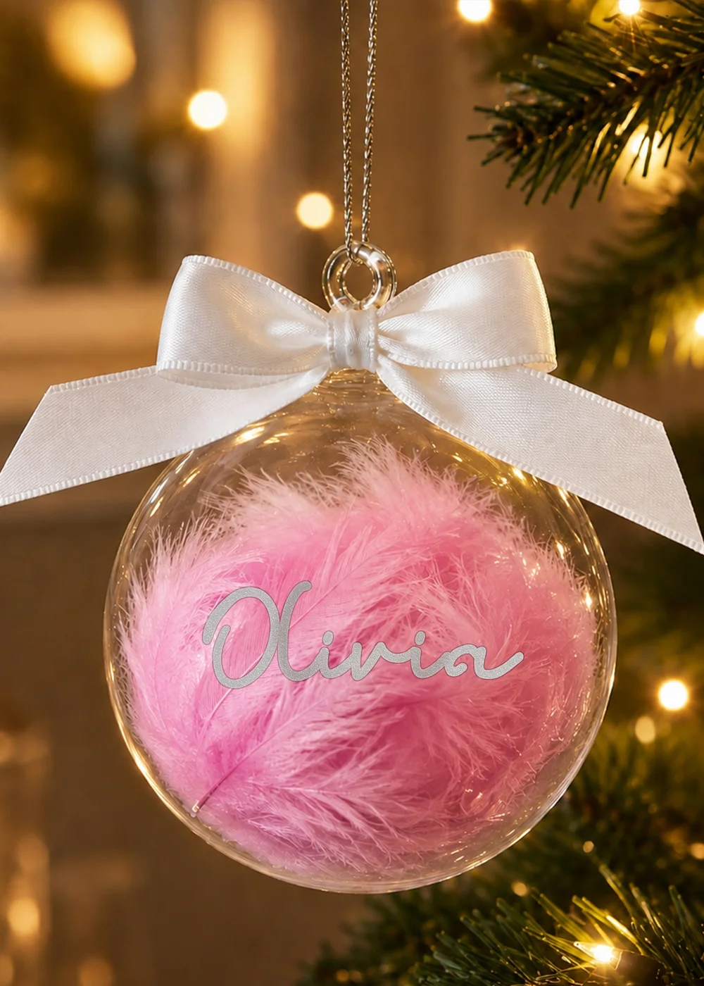 Personalised Memento Company Pink Feather Glass Bauble - One Size Image 2