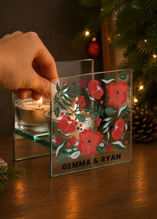 Personalised Memento Company Clear Poinsettia Glass Tea Light Candle Holder - One Size Image 2