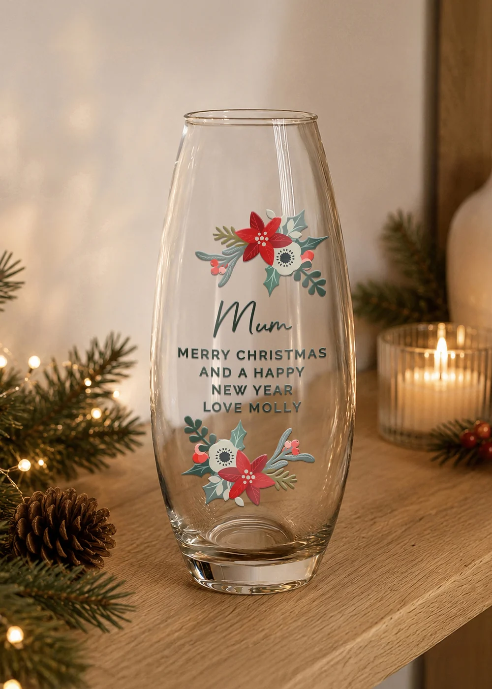 Personalised Memento Company Clear Poinsettia Tapered Bullet Vase - One Size Image 2