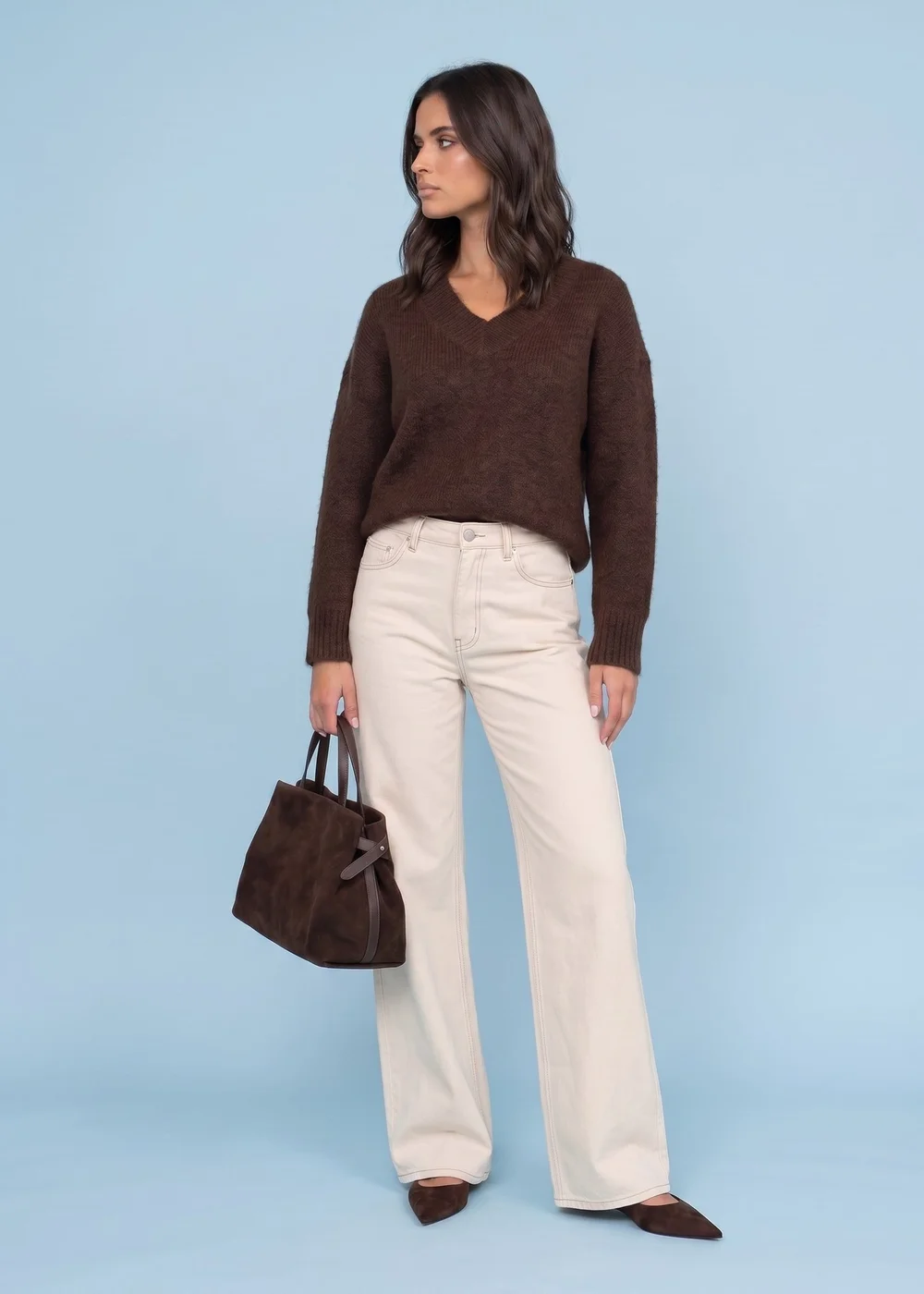 Urban Bliss Chocolate Wool Blend V Neck Jumper - L Image 2