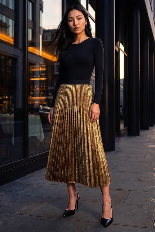 Roman Gold Pleated Stretch Midi Skirt - 20 Image 3