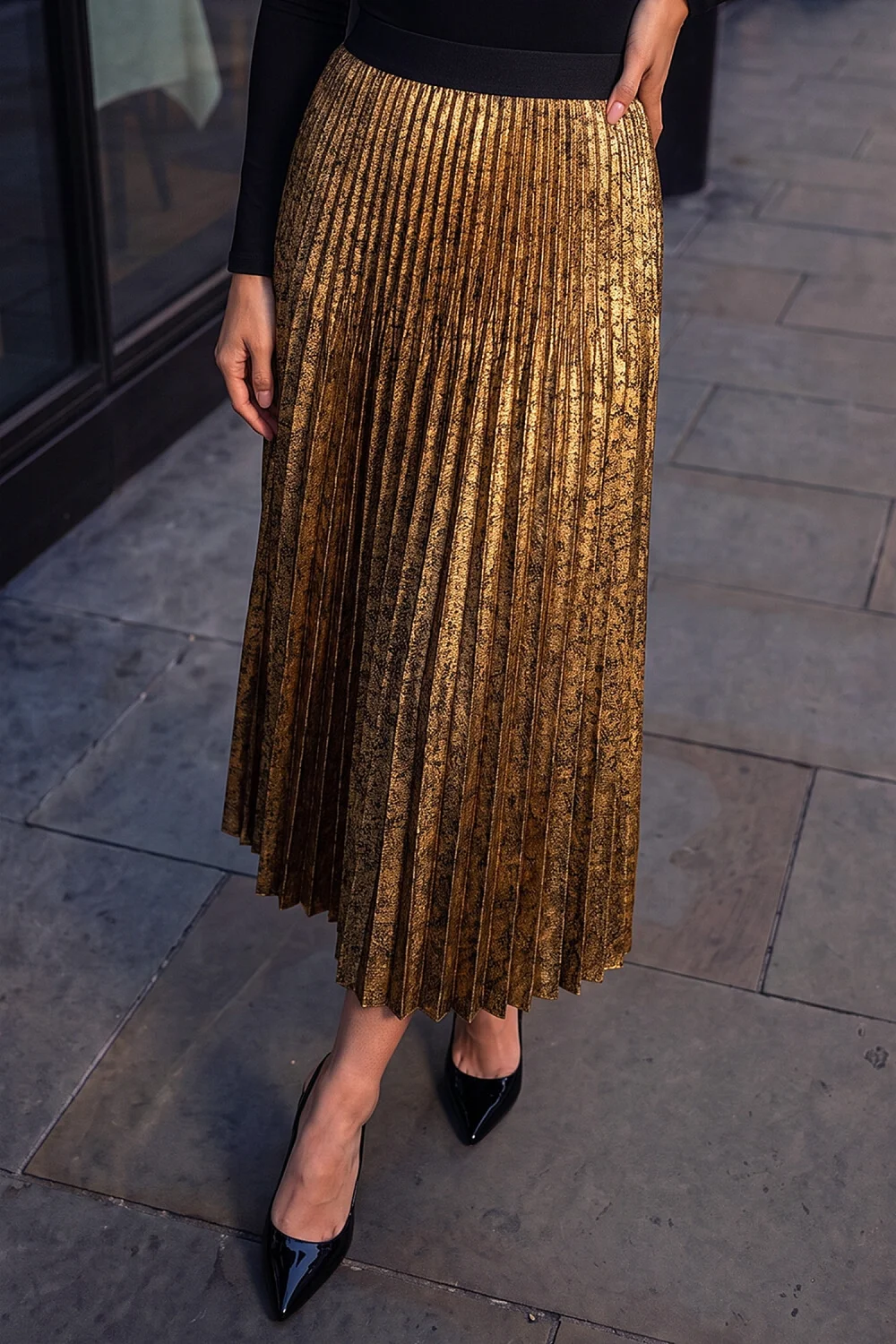 Roman Gold Pleated Stretch Midi Skirt - 20 Image 1