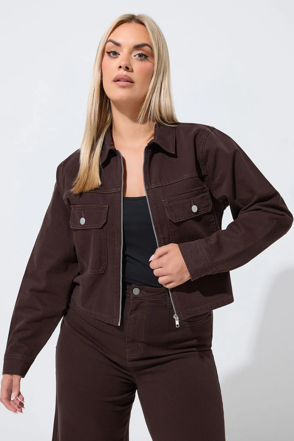 Yours Limited Curve Chocolate Brown Pocket Denim Jacket - 10 Image 3