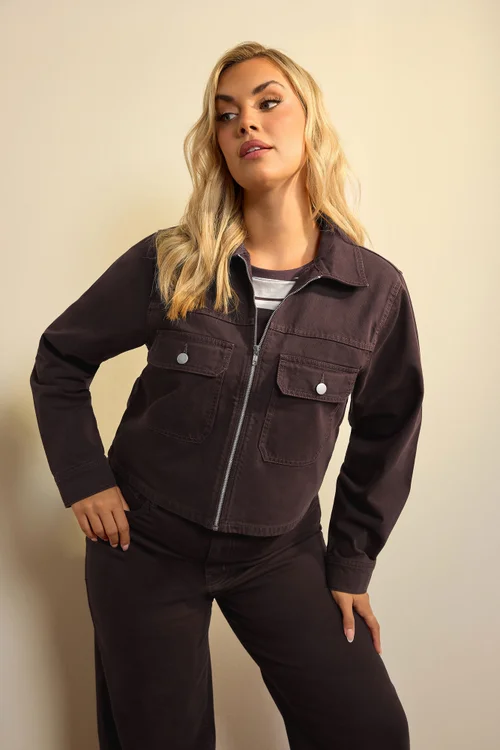 Yours Limited Curve Chocolate Brown Pocket Denim Jacket - 10 Image 1