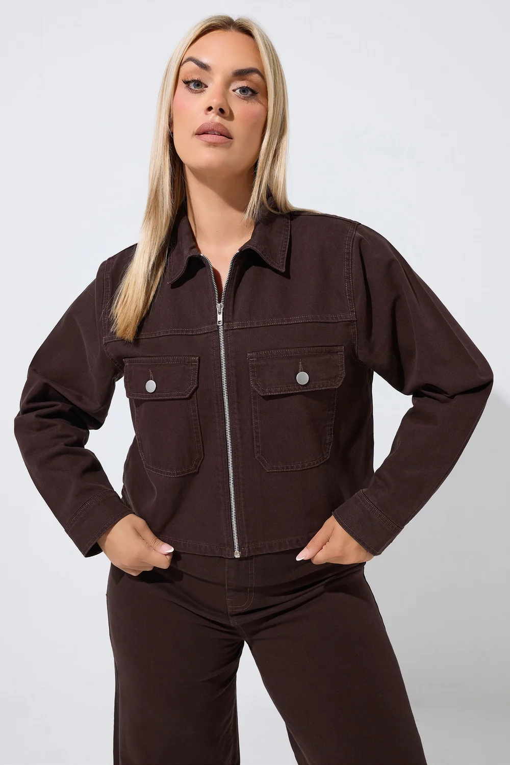 Yours Limited Curve Chocolate Brown Pocket Denim Jacket - 10 Image 2