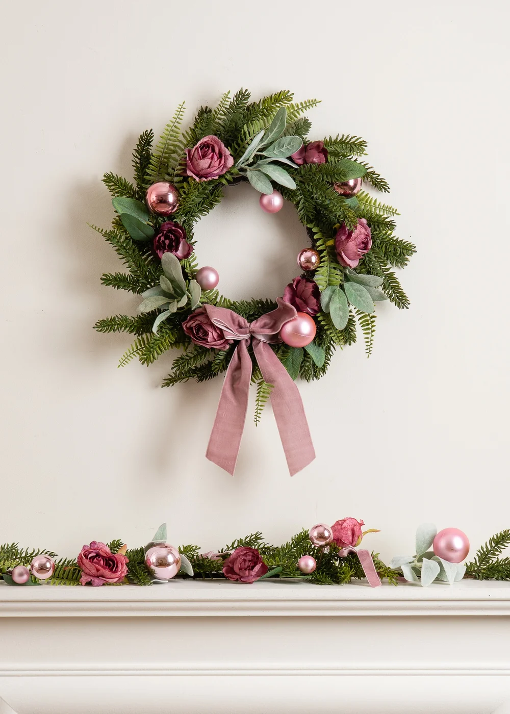 Scottish Everlastings Dusky Rose Wreath with Pink Velvet Bow 50cm - One Size Image 1