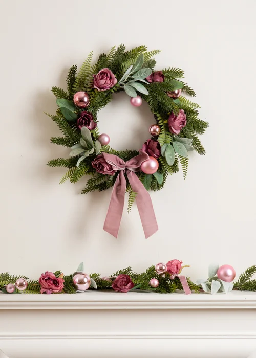 Scottish Everlastings Dusky Rose Wreath with Pink Velvet Bow 50cm - One Size Image 1