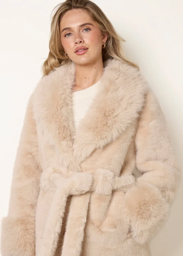 Blue Vanilla Beige Plush Faux Fur Belted Coat