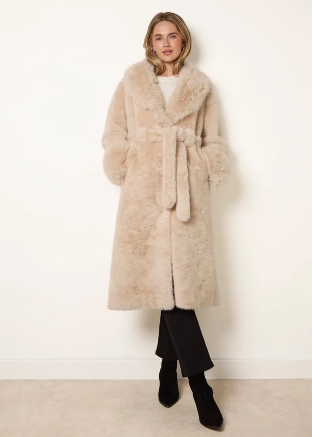 Blue Vanilla Beige Plush Faux Fur Belted Coat