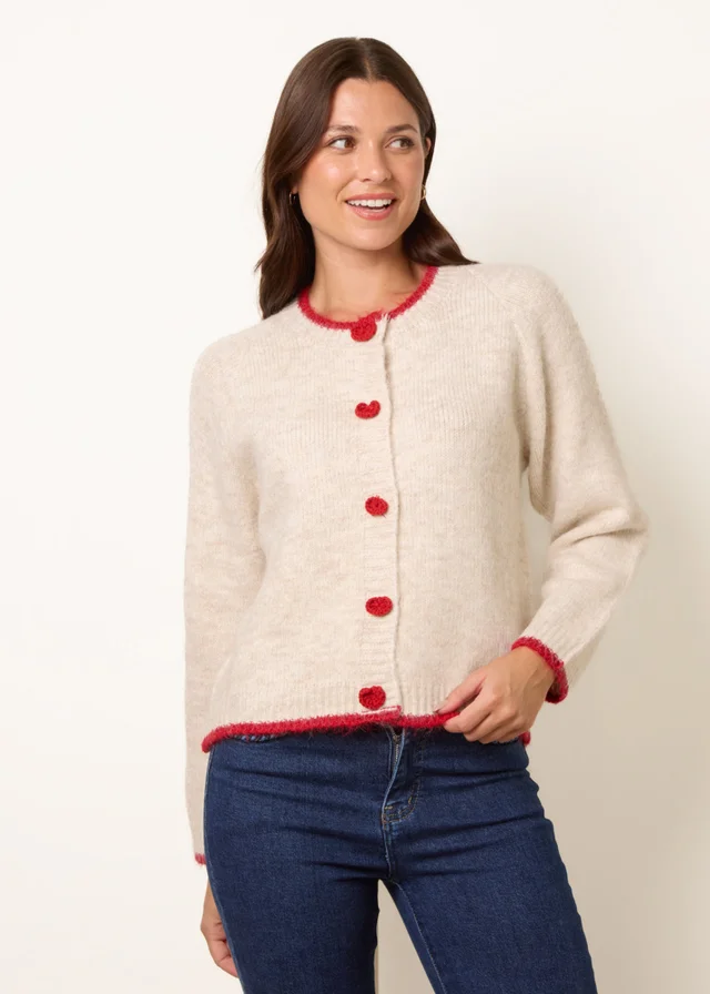 Blue Vanilla Beige Contrast Trim Heart Button Cardigan
