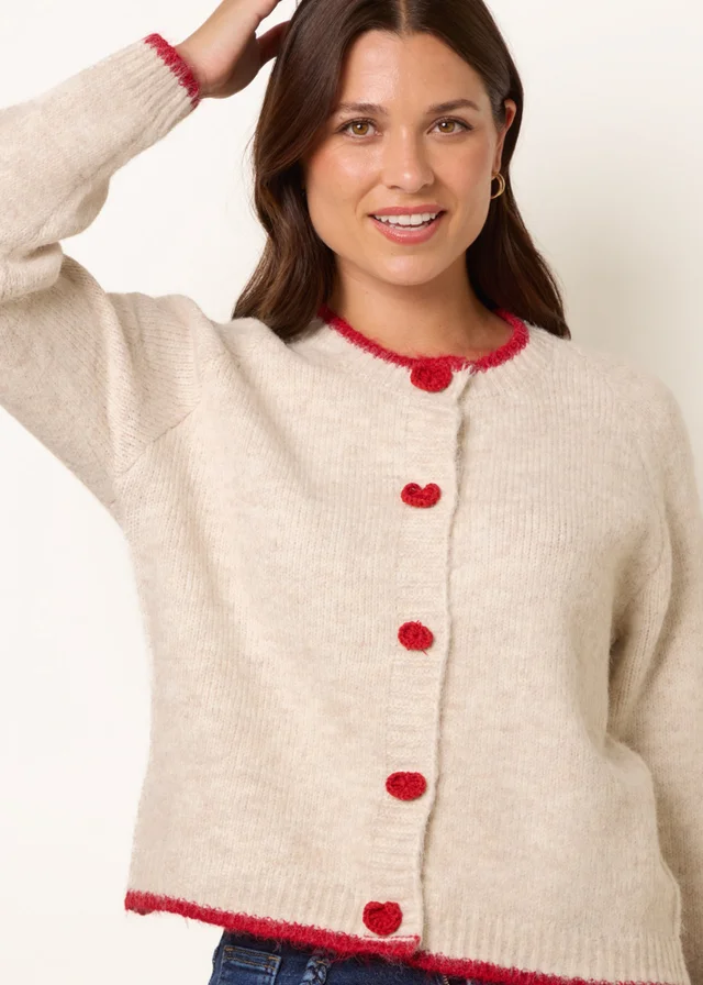Blue Vanilla Beige Contrast Trim Heart Button Cardigan