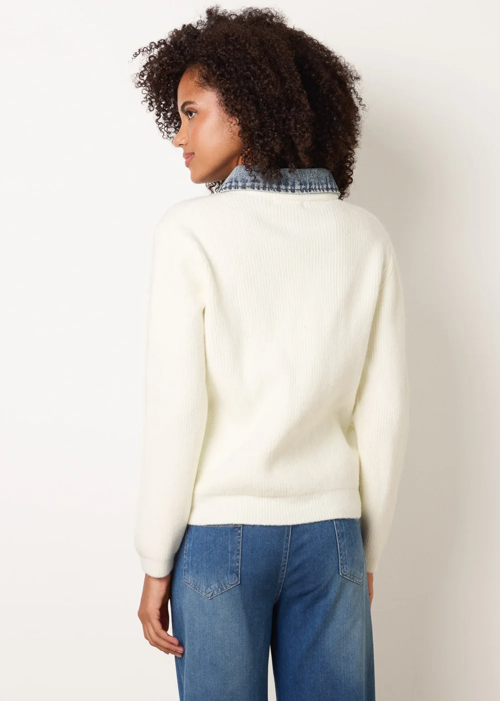 Blue Vanilla Ivory Knit Cardigan With Denim Collar Trim - S/M Image 4
