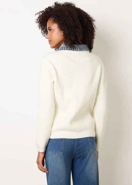 Blue Vanilla Ivory Knit Cardigan With Denim Collar Trim - S/M Image 4