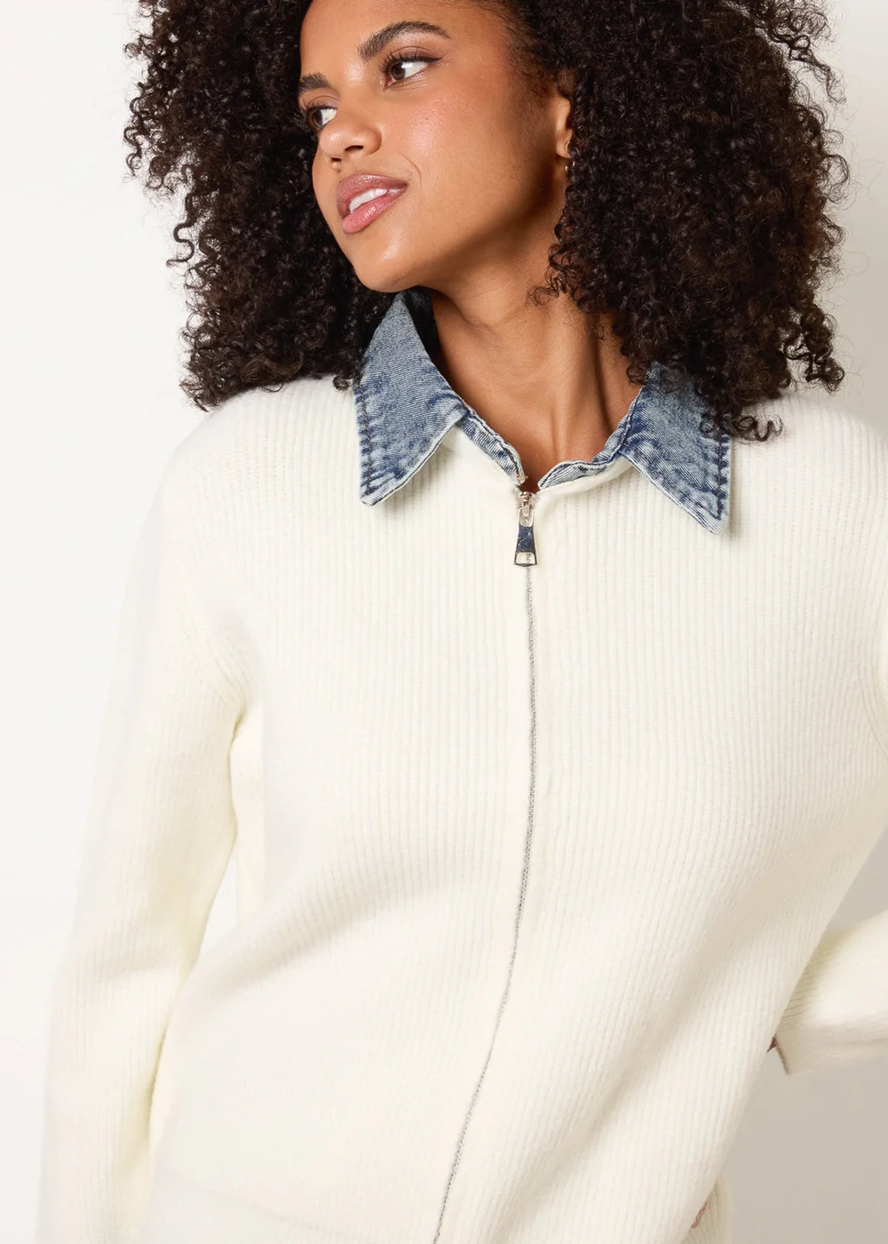 Blue Vanilla Ivory Knit Cardigan With Denim Collar Trim - S/M Image 3