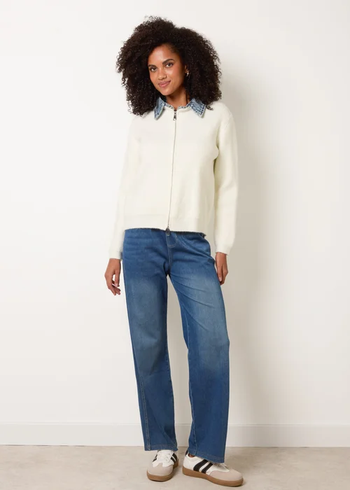 Blue Vanilla Ivory Knit Cardigan With Denim Collar Trim - S/M Image 2