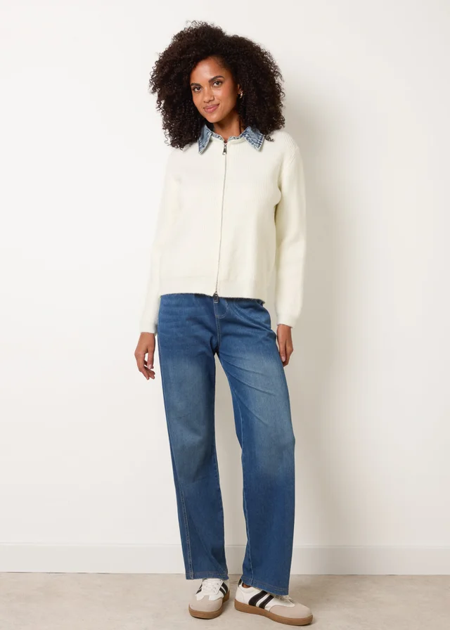 Blue Vanilla Ivory Knit Cardigan With Denim Collar Trim
