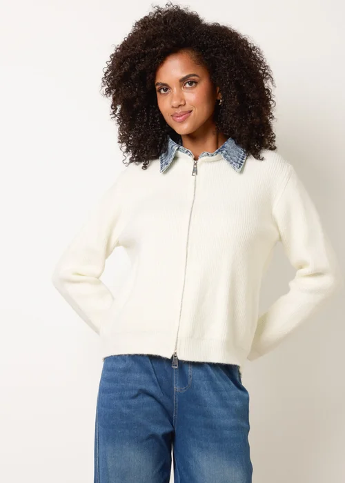 Blue Vanilla Ivory Knit Cardigan With Denim Collar Trim - S/M Image 1