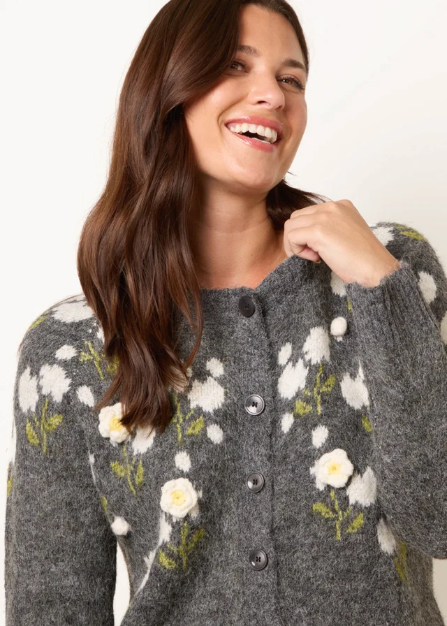 Blue Vanilla Grey Floral Knit Button Front Cardigan