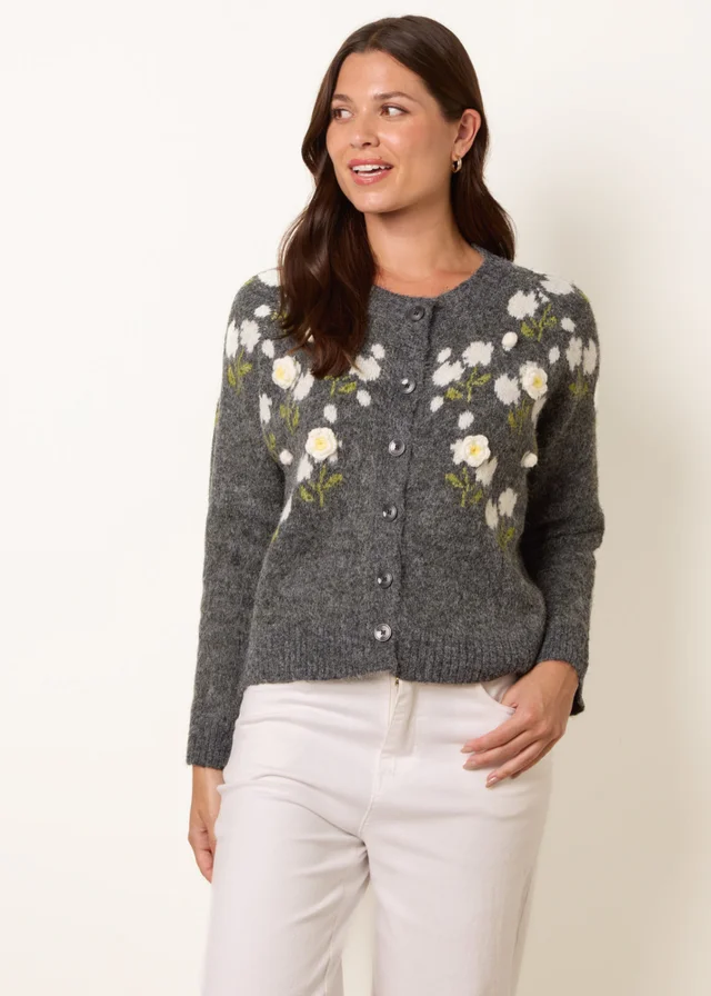 Blue Vanilla Grey Floral Knit Button Front Cardigan