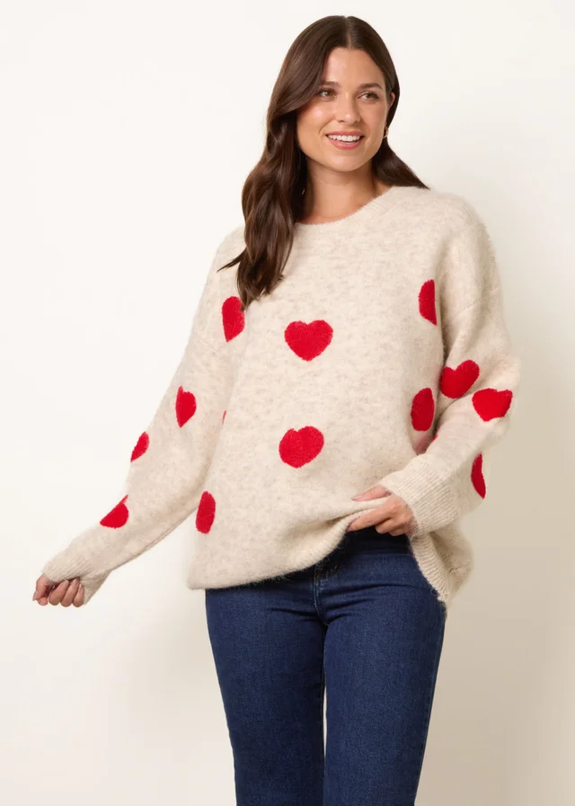 Blue Vanilla Beige Heart Crew Neck Knit Jumper