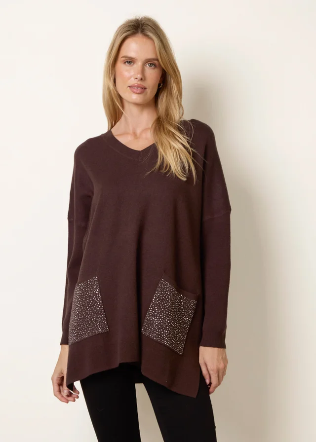 Blue Vanilla Brown Diamante Pocket Knit Jumper