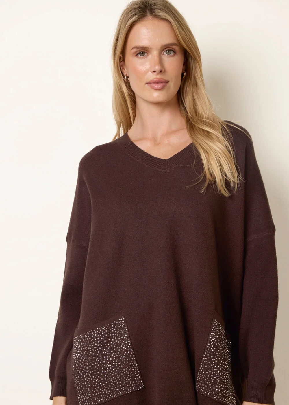 Blue Vanilla Brown Diamante Pocket Knit Jumper - One Size Image 3