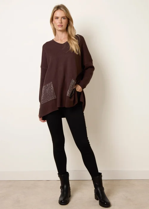 Blue Vanilla Brown Diamante Pocket Knit Jumper - One Size Image 2