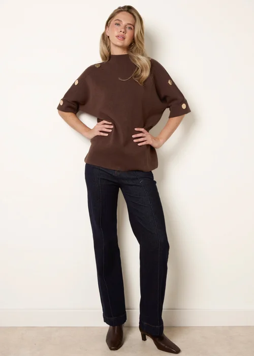 Blue Vanilla Brown Short Sleeve Button Detail Jumper - S/M Image 1