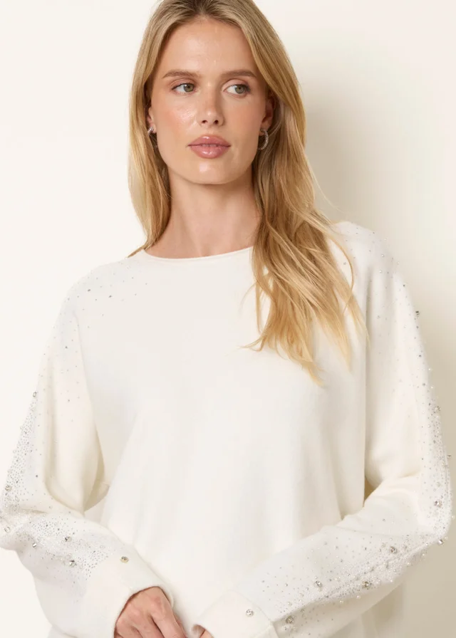 Blue Vanilla Ivory Diamante Sleeve Round Neck Knit Jumper