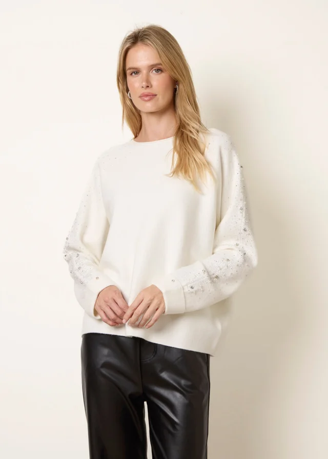Blue Vanilla Ivory Diamante Sleeve Round Neck Knit Jumper