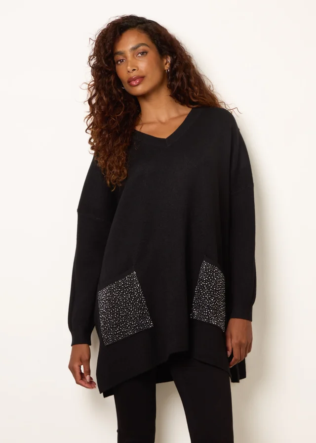 Blue Vanilla Black Diamante Pocket Knit Jumper