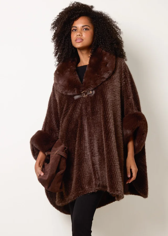 Blue Vanilla Brown Cape With Luxe Fur Trim