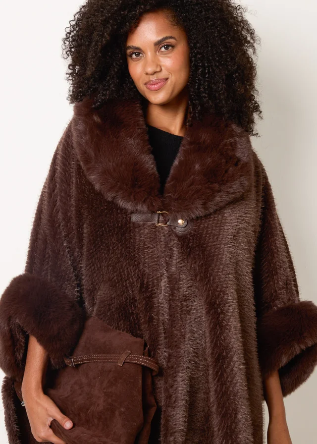 Blue Vanilla Brown Cape With Luxe Fur Trim