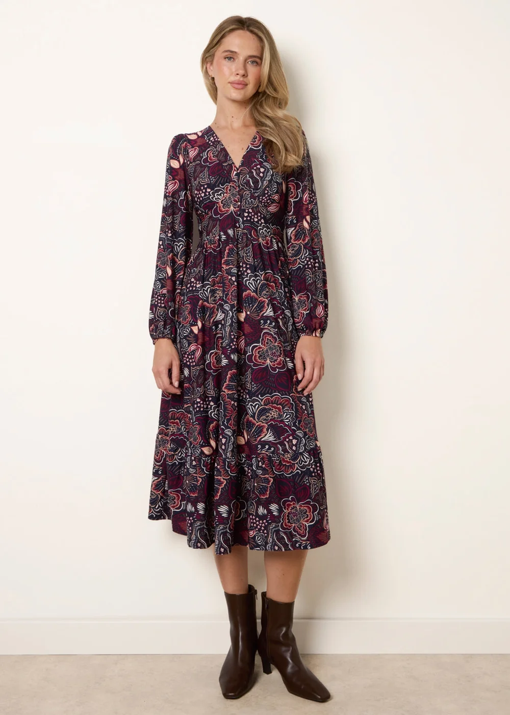 Blue Vanilla Navy Button Front V Neck Midi Dress With Pockets - XL Image 3