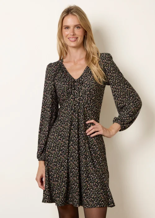 Blue Vanilla Black Floral Neck Swing Dress With Tie - L/XL Image 1