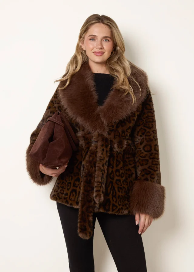 Blue Vanilla Brown Leopard Plush Faux Fur Belted Coat