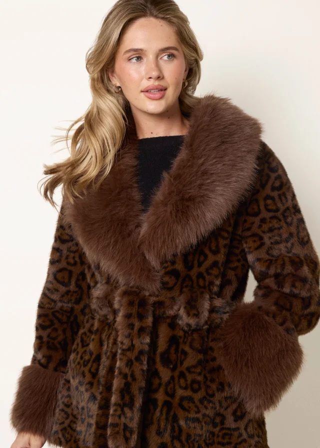 Blue Vanilla Brown Leopard Plush Faux Fur Belted Coat